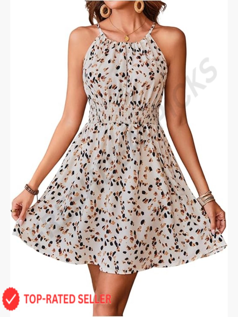 Sleeveless Halter Neck Smocked A-Line Mini Dress Vacation Boho